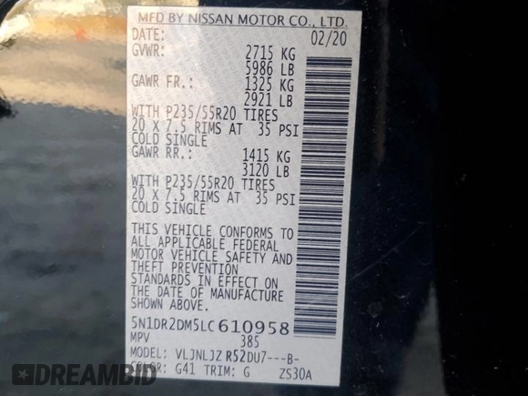 2020 Nissan Pathfinder Platinum with VIN 5N1DR2DM5LC610958, listed as a Copart auction lot 88082685 with 109,633 mi miles and Salvage Title. Bid and sale history available at carsss.com. Image 15.