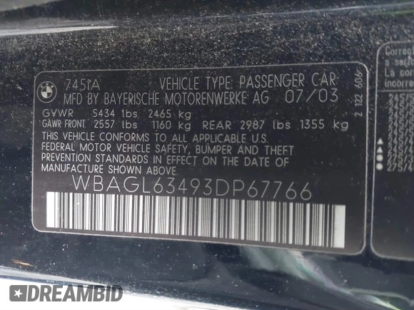 2003 BMW 7 Series 745i with VIN WBAGL63493DP67766, listed as a IAAI auction lot 41276771 with 92,681 mi miles and . Bid and sale history available at DreamBid. Image 9.