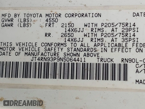 1992 Toyota Pickup DLX with VIN JT4RN93P9N5064411, listed as a IAAI auction lot 41787535 with 170,294 mi miles and . Bid and sale history available at DreamBid. Image 9.