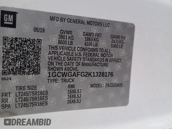 2019 Chevrolet Express Cargo with VIN 1GCWGAFG2K1328176, listed as a IAAI auction lot 42621284 with 97,123 mi miles and . Bid and sale history available at DreamBid. Image 16.