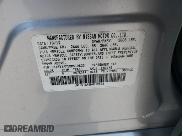 2013 Infiniti M with VIN JN1BY1AP5DM512633, listed as a Copart auction lot 63625755 with 102,190 mi miles and Salvage title. Bid and sale history available at DreamBid. Image 12.