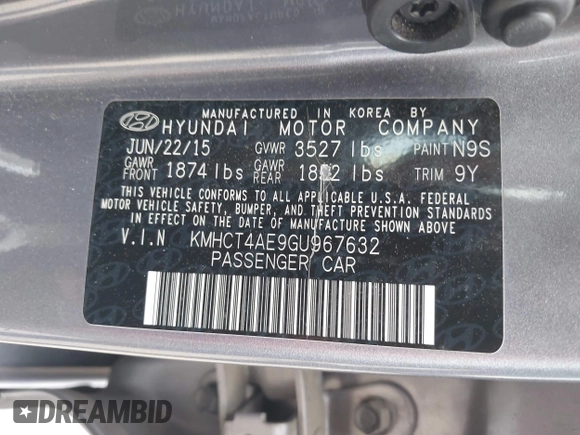 2016 Hyundai Accent SE z VIN KMHCT4AE9GU967632, wystawiony jako IAAI lot #42145390 z przebiegiem 89 350 mil mil oraz . Historia ofert i sprzedaży dostępna na DreamBid. Obrazek 9.