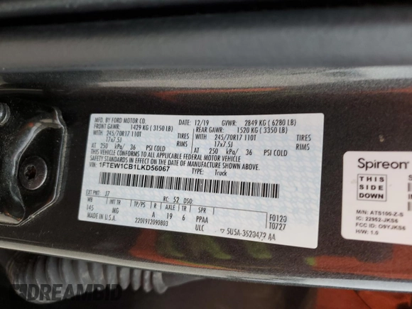 2020 Ford F-150 XL with VIN 1FTEW1CB1LKD56067, listed as a Copart auction lot 87887395 with 106,980 mi miles and Salvage Title. Bid and sale history available at carsss.com. Image 12.