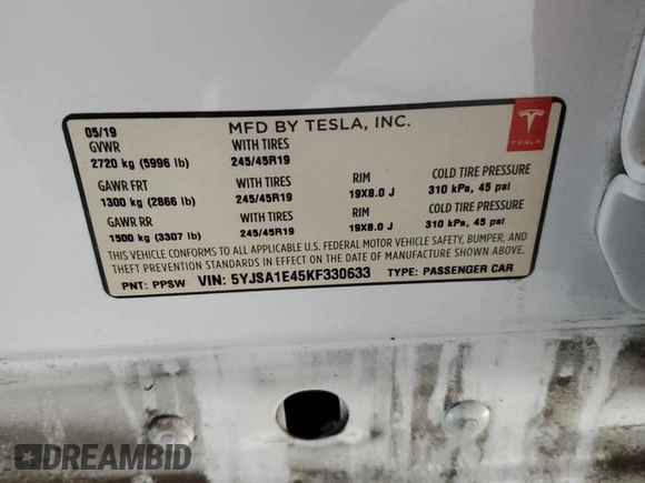 2019 Tesla Model S 100D with VIN 5YJSA1E45KF330633, listed as a Copart auction lot 49329745 with 74,047 mi miles and Salvage title. Bid and sale history available at DreamBid. Image 13.