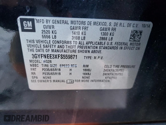 2015 Cadillac SRX Luxury Collection with VIN 3GYFNEE3XFS559871, listed as a Copart auction lot 51147745 with Not Provided miles and Salvage Title. Bid and sale history available at DreamBid. Image 12.
