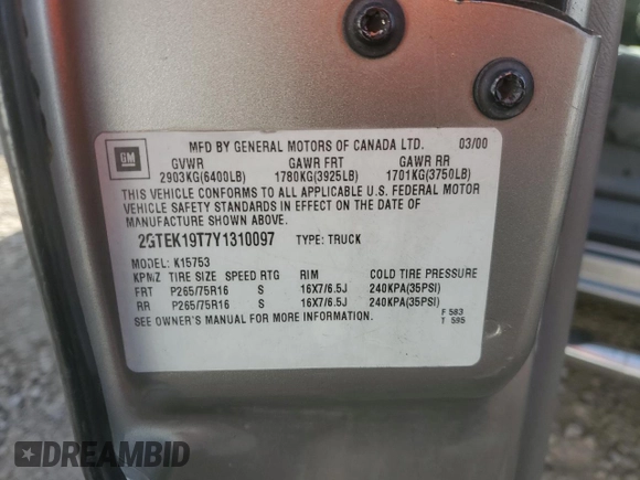 2000 GMC New Sierra 1500 SLE with VIN 2GTEK19T7Y1310097, listed as a Copart auction lot 84557764 with 257,060 mi miles and Salvage Title. Bid and sale history available at carsss.com. Image 12.