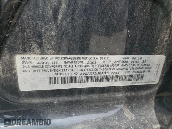 2010 Volkswagen Jetta Limited Edition with VIN 3VWAX7AJ8AM152734, listed as a Copart auction lot 58583775 with 122,734 mi miles and Non repairable. Bid and sale history available at DreamBid. Image 12.
