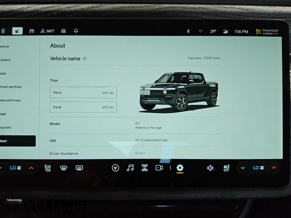 2022 Rivian R1T Adventure z VIN 7FCTGAAA5NN007486, wystawiony jako Copart lot #52649075 z przebiegiem 23 292 mil mil oraz Czysty tytuł • Clean title. Historia ofert i sprzedaży dostępna na DreamBid. Obrazek 9.