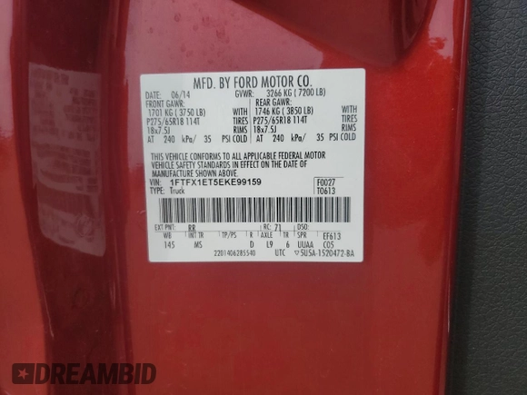 2014 Ford F-150 XL with VIN 1FTFX1ET5EKE99159, listed as a Copart auction lot 58638815 with 82,120 mi miles and Salvage title. Bid and sale history available at DreamBid. Image 12.