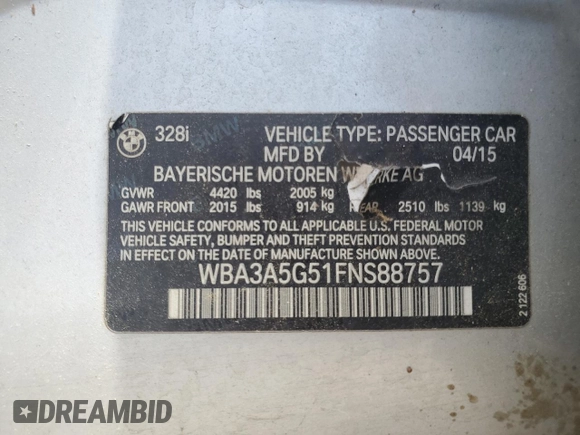 2015 BMW 3 Series 328i with VIN WBA3A5G51FNS88757, listed as a Copart auction lot 57448475 with 183,586 mi miles and Clean title. Bid and sale history available at DreamBid. Image 12.