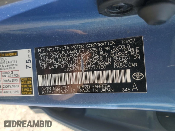 2008 Toyota Prius with VIN JTDKB20U287717150, listed as a Copart auction lot 53638095 with 151,929 mi miles and Salvage Title. Bid and sale history available at carsss.com. Image 14.