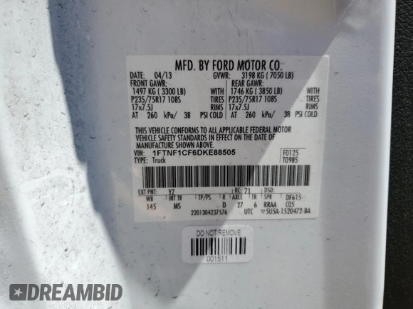 2013 Ford F-150 XL with VIN 1FTNF1CF6DKE88505, listed as a Copart auction lot 60310225 with 36,981 mi miles and Salvage title. Bid and sale history available at DreamBid. Image 12.
