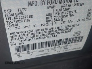 2022 Ford Explorer Limited with VIN 1FMSK8FH8NGC41944, listed as a IAAI auction lot 39074894 with 17,409 mi miles. Bid and sale history available at carsss.com. Image 9.