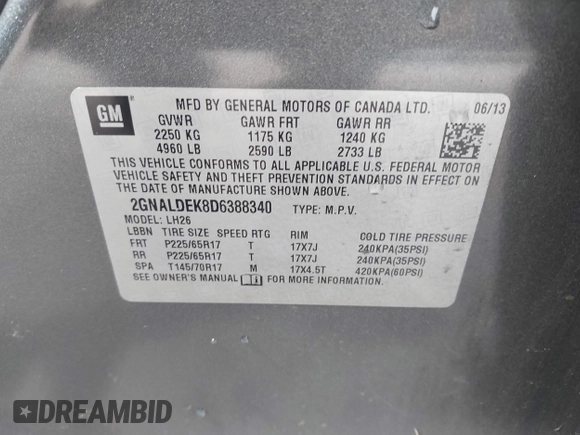 2013 Chevrolet Equinox LT with VIN 2GNALDEK8D6388340, listed as a IAAI auction lot 42111534 with 163,603 mi miles. Bid and sale history available at carsss.com. Image 9.