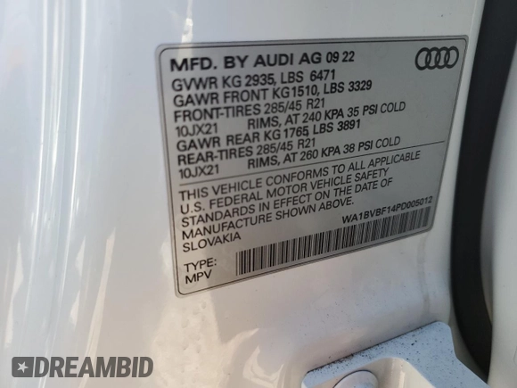 2023 Audi Q8 Premium Plus with VIN WA1BVBF14PD005012, listed as a Copart auction lot 79888553 with 10,092 mi miles and . Bid and sale history available at DreamBid. Image 13.