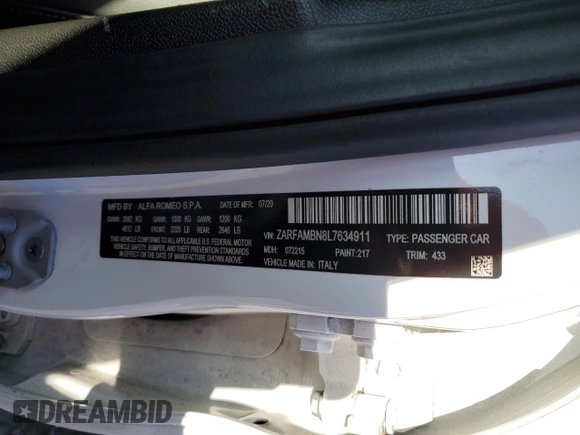 2020 Alfa Romeo Giulia Ti Sport with VIN ZARFAMBN8L7634911, listed as a Copart auction lot 80492774 with 21,056 mi miles and Salvage title. Bid and sale history available at DreamBid. Image 12.