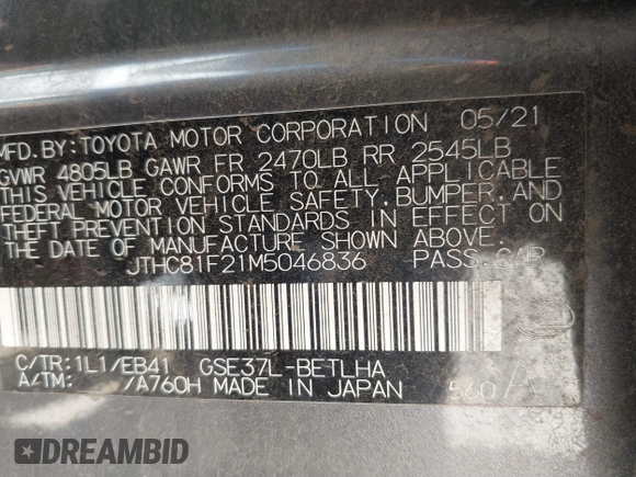 2021 Lexus IS 300 z VIN JTHC81F21M5046836, wystawiony jako IAAI lot #41746130 z przebiegiem 41 806 mil mil oraz . Historia ofert i sprzedaży dostępna na DreamBid. Obrazek 9.
