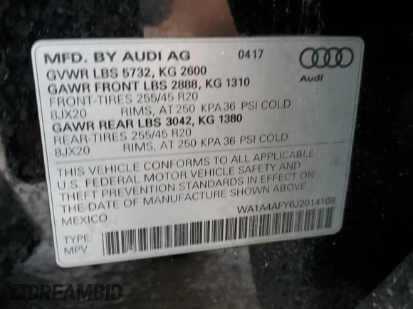 2018 Audi SQ5 Premium Plus with VIN WA1A4AFY6J2014108, listed as a Copart auction lot 81106304 with 92,399 mi miles and Salvage Title. Bid and sale history available at DreamBid. Image 12.
