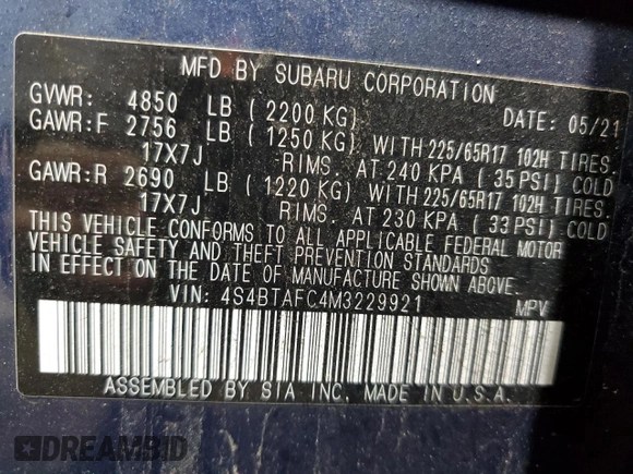 2021 Subaru Outback Premium with VIN 4S4BTAFC4M3229921, listed as a Copart auction lot 57970195 with 58,617 mi miles and Salvage title. Bid and sale history available at DreamBid. Image 14.