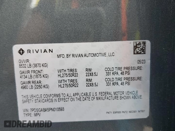 2023 Rivian R1S Adventure z VIN 7PDSGABA5PN010593, wystawiony jako Copart lot #52508835 z przebiegiem 16 962 mil mil oraz Szkody całkowita. Historia ofert i sprzedaży dostępna na DreamBid. Obrazek 14.