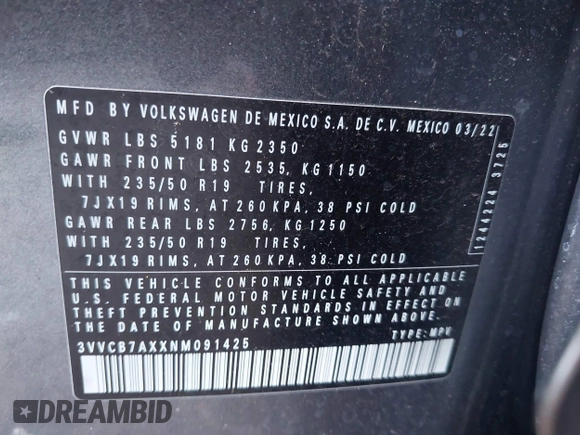 2022 Volkswagen Tiguan SE R-Line Black с VIN 3VVCB7AXXNM091425, выставлен на аукционе IAAI как лот 42515543 с пробегом 40 771 миль миль и . История ставок и продаж доступна на DreamBid. Изображение 9.
