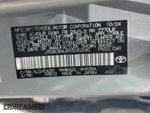 2024 Toyota Prius LE with VIN JTDACAAUXR3042240, listed as a Copart auction lot 55953875 with 1,410 mi miles and Salvage title. Bid and sale history available at DreamBid. Image 13.