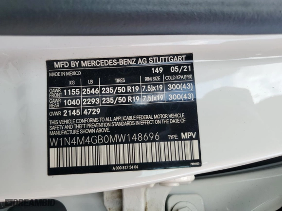 2021 Mercedes-Benz GLB with VIN W1N4M4GB0MW148696, listed as a Copart auction lot 53642925 with 78,483 mi miles and Salvage Title. Bid and sale history available at carsss.com. Image 13.