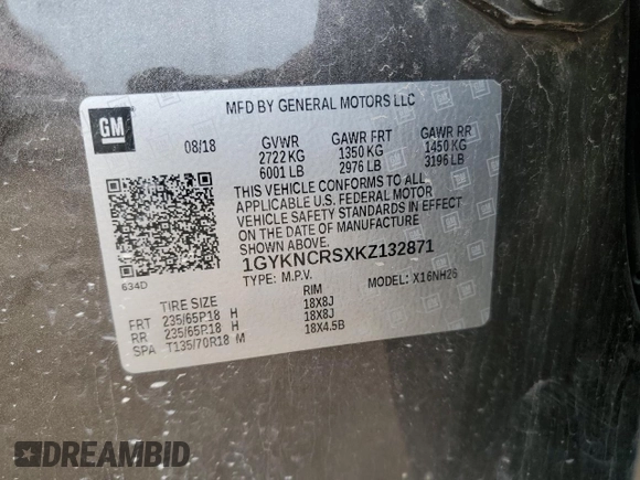 2019 Cadillac XT5 Luxury FWD with VIN 1GYKNCRSXKZ132871, listed as a Copart auction lot 54879405 with 57,325 mi miles and Salvage title. Bid and sale history available at DreamBid. Image 13.