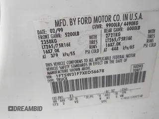 1999 Ford F-350 XL with VIN 1FTSW31F7XED56678, listed as a IAAI auction lot 42440204 with 299,170 mi miles and . Bid and sale history available at DreamBid. Image 9.
