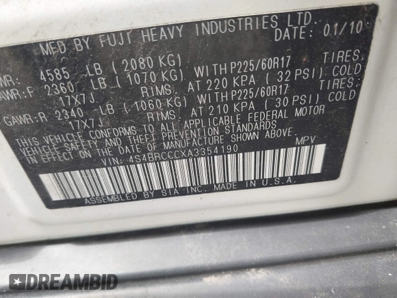 2010 Subaru Outback Premium All-Weather Anniversary with VIN 4S4BRCCCXA3354190, listed as a IAAI auction lot 42800564 with 157,852 mi miles and . Bid and sale history available at DreamBid. Image 9.