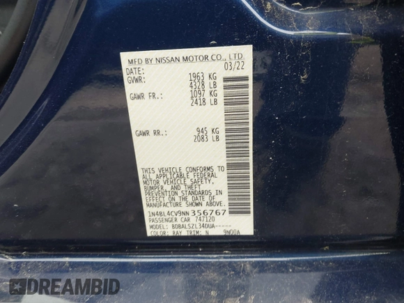 2022 Nissan Altima SR z VIN 1N4BL4CV9NN356767, wystawiony jako IAAI lot #42222461 z przebiegiem 58 505 mil mil oraz . Historia ofert i sprzedaży dostępna na DreamBid. Obrazek 9.