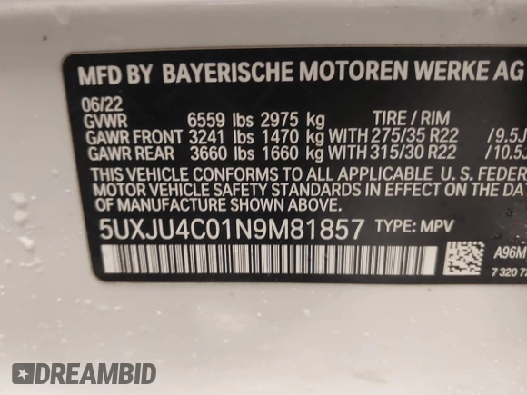 2022 BMW X5 M50i with VIN 5UXJU4C01N9M81857, listed as a IAAI auction lot 41592857 with 15,122 mi miles. Bid and sale history available at carsss.com. Image 9.