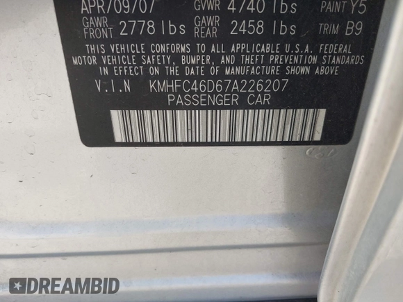 2007 Hyundai Azera GLS with VIN KMHFC46D67A226207, listed as a IAAI auction lot 41526623 with 123,066 mi miles and . Bid and sale history available at DreamBid. Image 9.