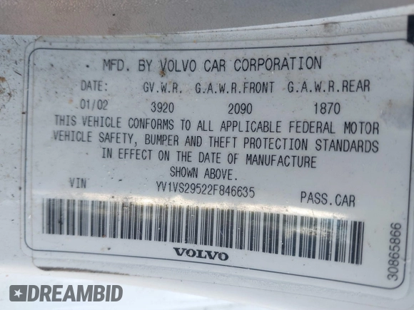 2002 Volvo S40 with VIN YV1VS29522F846635, listed as a IAAI auction lot 41345318 with 86,622 mi miles. Bid and sale history available at carsss.com. Image 9.