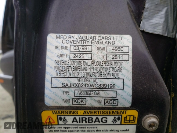 1998 Jaguar XJ Vanden Plas with VIN SAJKX624XWC839198, listed as a Copart auction lot 45998675 with Not Provided miles and Non Repairable. Bid and sale history available at DreamBid. Image 12.