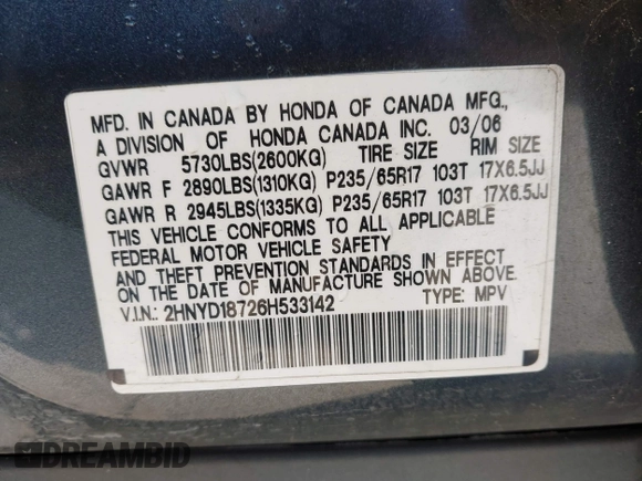 2006 Acura MDX Touring with VIN 2HNYD18726H533142, listed as a IAAI auction lot 42007839 with 216,910 mi miles. Bid and sale history available at carsss.com. Image 9.