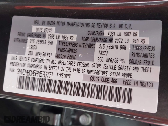 2023 Mazda CX-30 S Preferred z VIN 3MVDMBCM5PM576771, wystawiony jako IAAI lot #42244842 z przebiegiem 14 814 mil mil oraz . Historia ofert i sprzedaży dostępna na DreamBid. Obrazek 9.