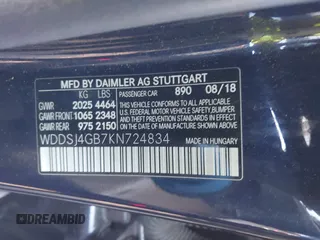 2019 Mercedes-Benz CLA 250 with VIN WDDSJ4GB7KN724834, listed as a IAAI auction lot 41397528 with 47,727 mi miles and . Bid and sale history available at DreamBid. Image 9.