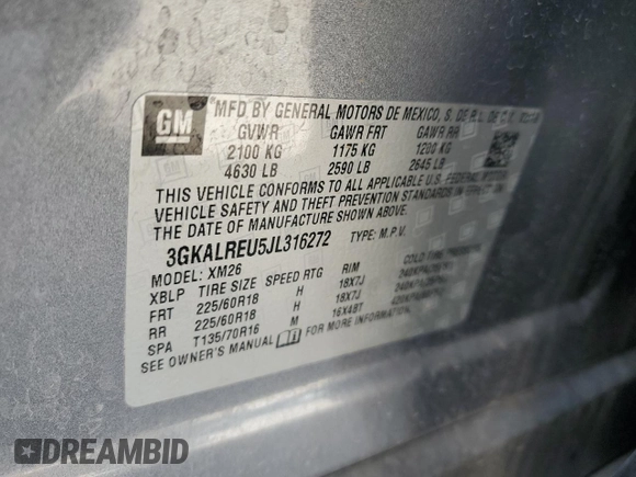 2018 GMC Terrain SLT Diesel with VIN 3GKALREU5JL316272, listed as a Copart auction lot 52600005 with 97,740 mi miles and Salvage Title. Bid and sale history available at DreamBid. Image 13.