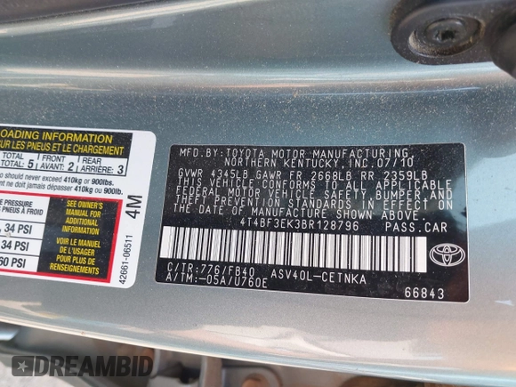 2011 Toyota Camry LE z VIN 4T4BF3EK3BR128796, wystawiony jako IAAI lot #42232144 z przebiegiem 127 823 mil mil oraz . Historia ofert i sprzedaży dostępna na DreamBid. Obrazek 9.