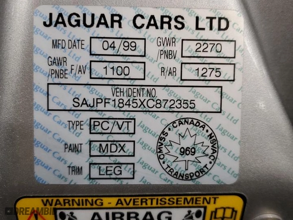 1999 Jaguar XJ Series Sedan with VIN SAJPF1845XC872355, listed as a Copart auction lot 42012415 with NaN miles and Salvage Title. Bid and sale history available at carsss.com. Image 13.