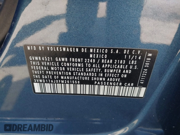 2015 Volkswagen Jetta SE with VIN 3VWD17AJXFM261556, listed as a IAAI auction lot 42227068 with 135,370 mi miles and . Bid and sale history available at DreamBid. Image 9.