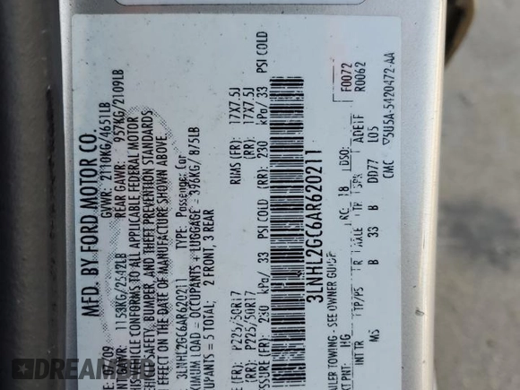 2010 Lincoln MKZ with VIN 3LNHL2GC6AR620211, listed as a Copart auction lot 52112215 with 156,111 mi miles and Non Repairable. Bid and sale history available at DreamBid. Image 14.