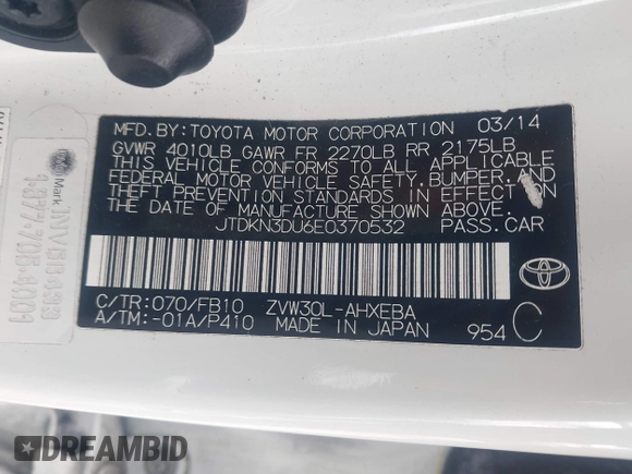 2014 Toyota Prius Four with VIN JTDKN3DU6E0370532, listed as a IAAI auction lot 41786462 with 124,069 mi miles. Bid and sale history available at carsss.com. Image 9.