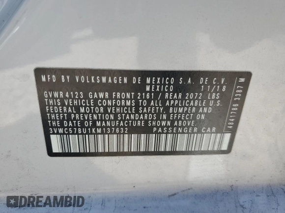 2019 Volkswagen Jetta S with VIN 3VWC57BU1KM137632, listed as a Copart auction lot 54544615 with 88,918 mi miles and Salvage title. Bid and sale history available at DreamBid. Image 13.