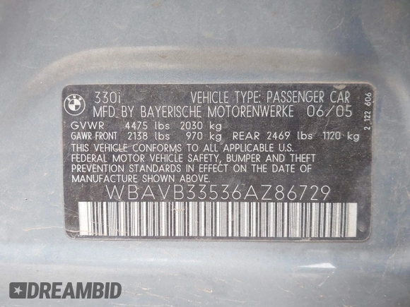 2006 BMW 3 Series 330i с VIN WBAVB33536AZ86729, выставлен на аукционе IAAI как лот 42129225 с пробегом 196 391 миль миль и . История ставок и продаж доступна на DreamBid. Изображение 9.