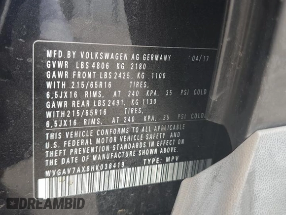 2017 Volkswagen Tiguan S with VIN WVGAV7AX8HK038419, listed as a Copart auction lot 53776155 with 72,006 mi miles and Salvage Title. Bid and sale history available at DreamBid. Image 13.