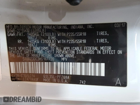 2017 Toyota Sienna with VIN 5TDDZ3DC3HS167720, listed as a Copart auction lot 88321405 with 86,392 mi miles and Salvage Title. Bid and sale history available at DreamBid. Image 14.