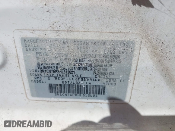 2017 Nissan Versa SL with VIN 3N1CN7AP8HL812621, listed as a IAAI auction lot 41896356 with 69,598 mi miles and . Bid and sale history available at DreamBid. Image 9.