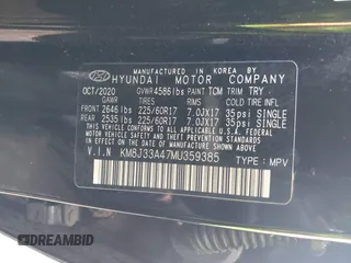 2021 Hyundai Tucson Value with VIN KM8J33A47MU359385, listed as a IAAI auction lot 41878386 with 84,991 mi miles and . Bid and sale history available at DreamBid. Image 9.